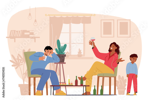 Alcoholism in Family Concept. Father And Mother Characters, Absorbed In Their Alcoholic Drinks, Sit Indifferently
