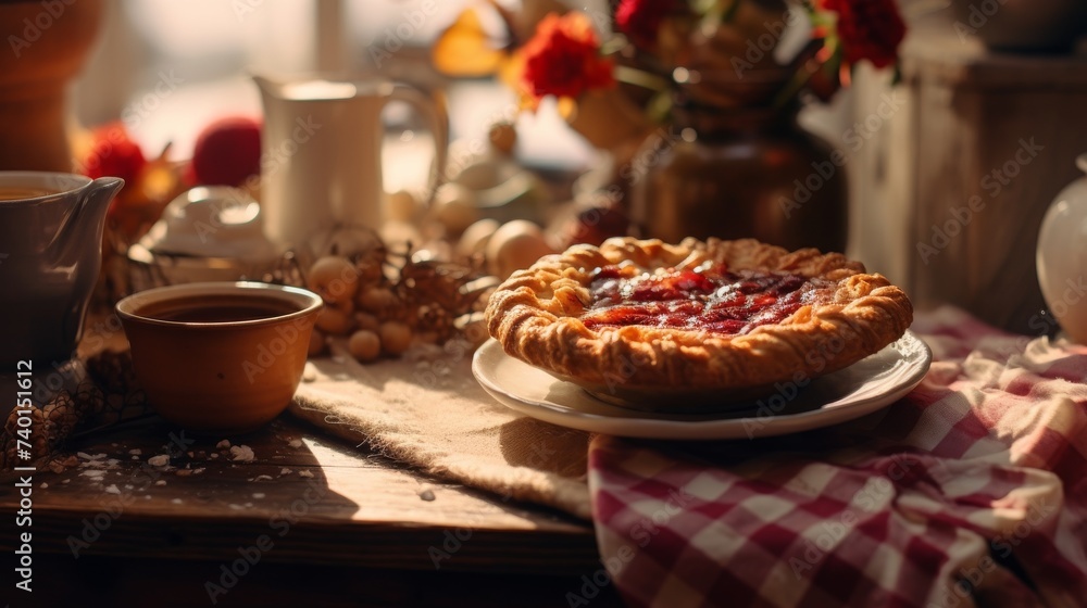 Table Topped With a Pie Next to a Cup of Coffee Table Topped With a Pie Next to a Cup of Coffee