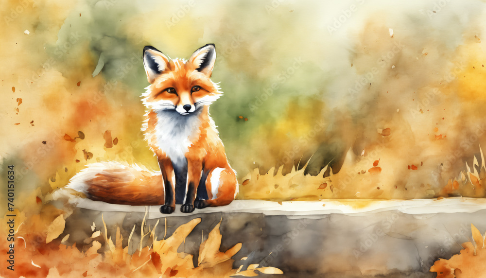 Fox in Golden Autumn: Watercolor Illustration Fox in Golden Autumn: Watercolor Illustration