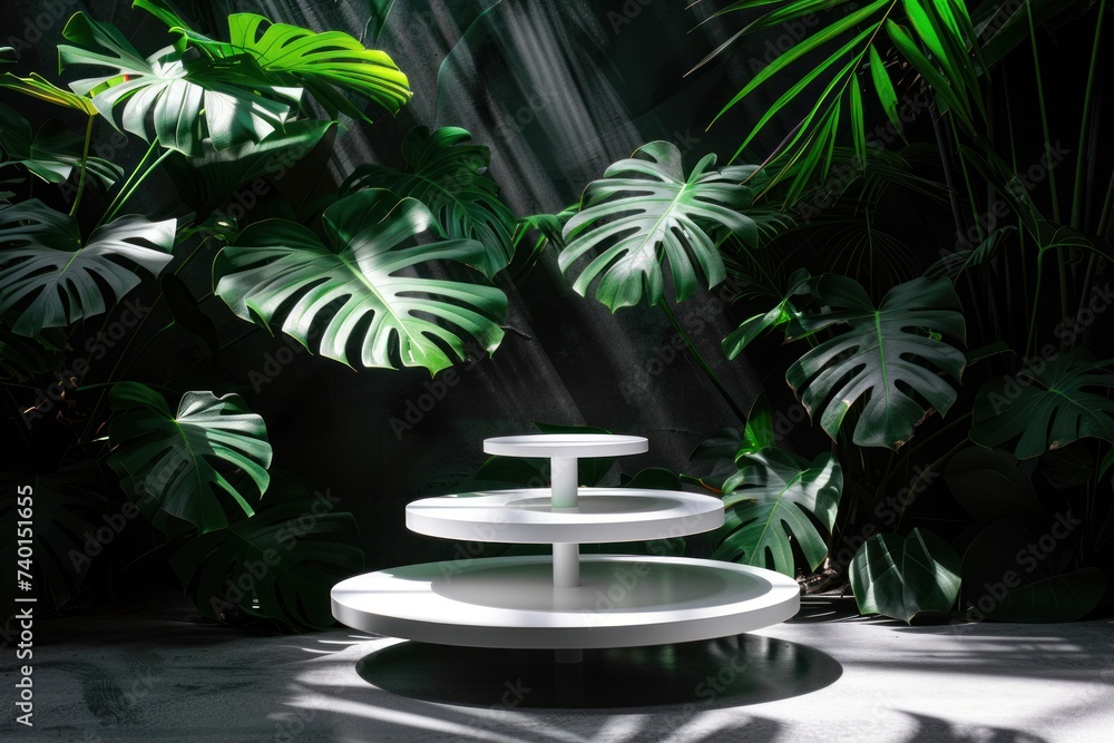 Obraz premium Dense tropical foliage surrounds sleek white display pedestals, casting shadows and light in a vibrant jungle-like environment.