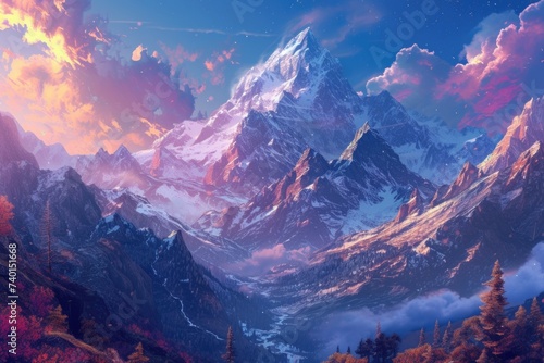 Winter mountains on sunset background
