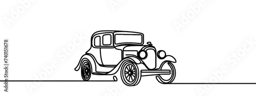 Retro car in continuous line art drawing style. Vintage automobile minimalist black linear sketch isolated on white background. Vector illustration