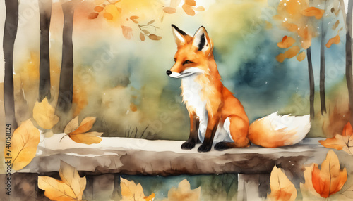 Autumn Fox Watercolor Illustration