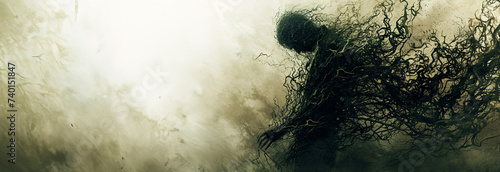 Depression as a Thought-Provoking Abstract Illustration, with Thorny Vines Enveloping a Figure. Copy space