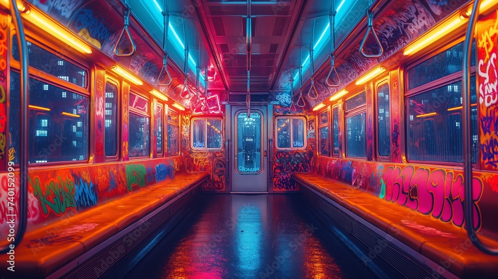 decorated subway car with bright colors. Generative AI