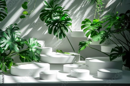 An array of white display pedestals in a sunlit room with dramatic Monstera leaf shadows casting over them  creating a vibrant botanical display.