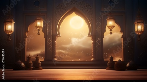 Ramadan Kareem's background with Arabic lanterns and mosque door