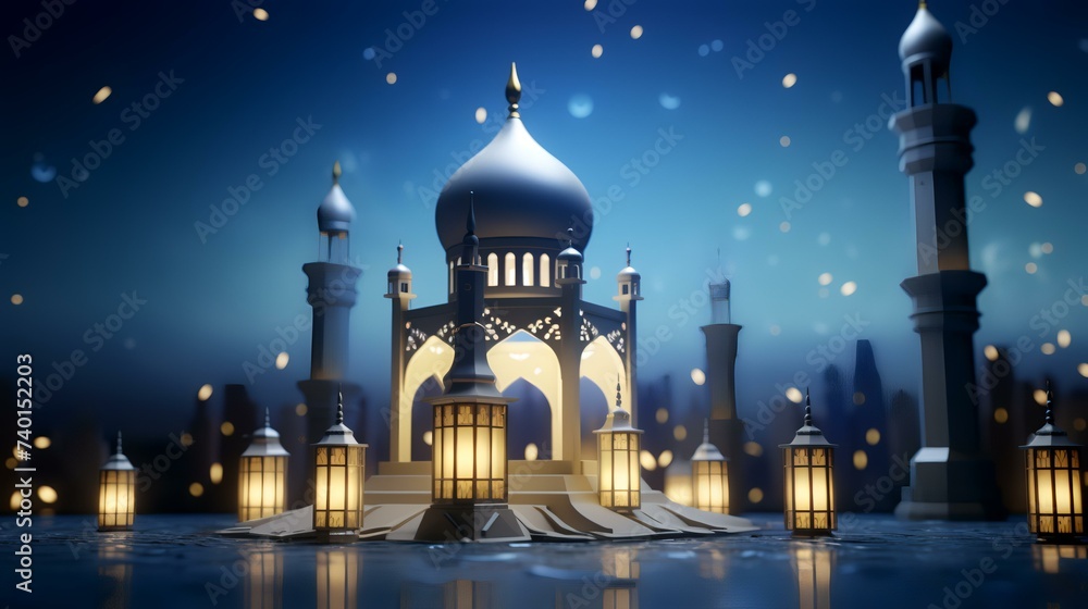 3D illustration of Ramadan Kareem's background with mosque and moonlight