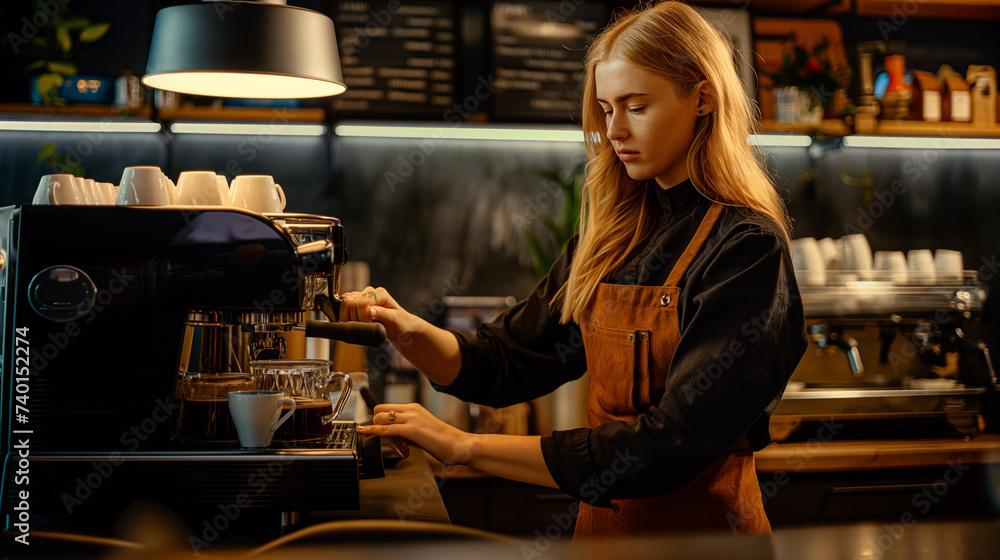 Local business. Young barista standing in her coffeeshop, preparing coffee Local business. Young barista standing in her coffeeshop, preparing coffee
