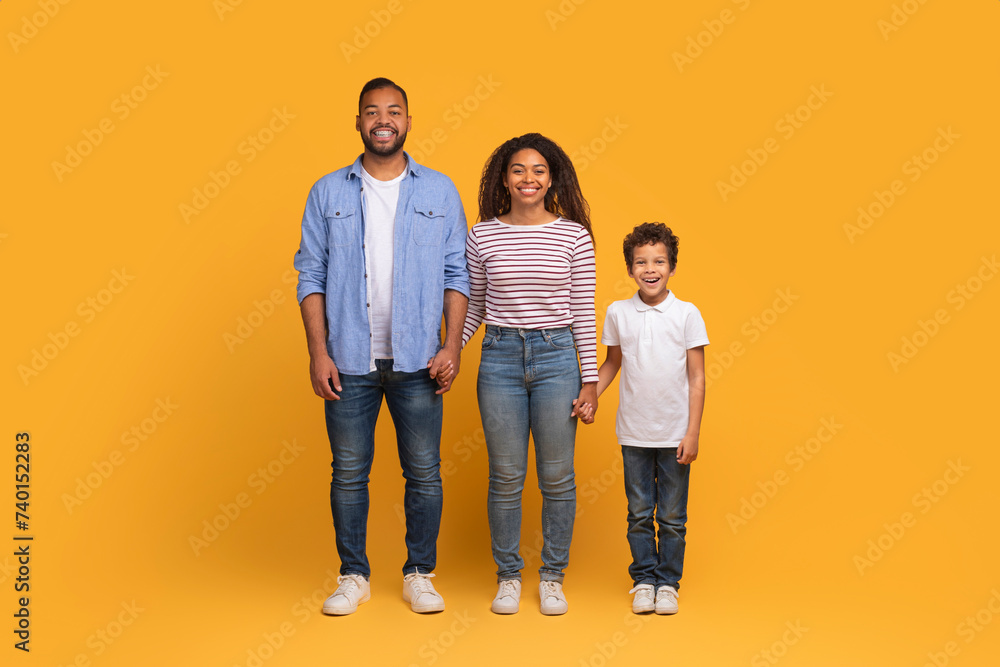 Smiling black family with preteen son holding hands while posing together Smiling black family with preteen son holding hands while posing together