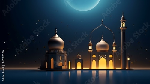 Eid Mubarak background with mosque and moon. Vector illustration. © shameem