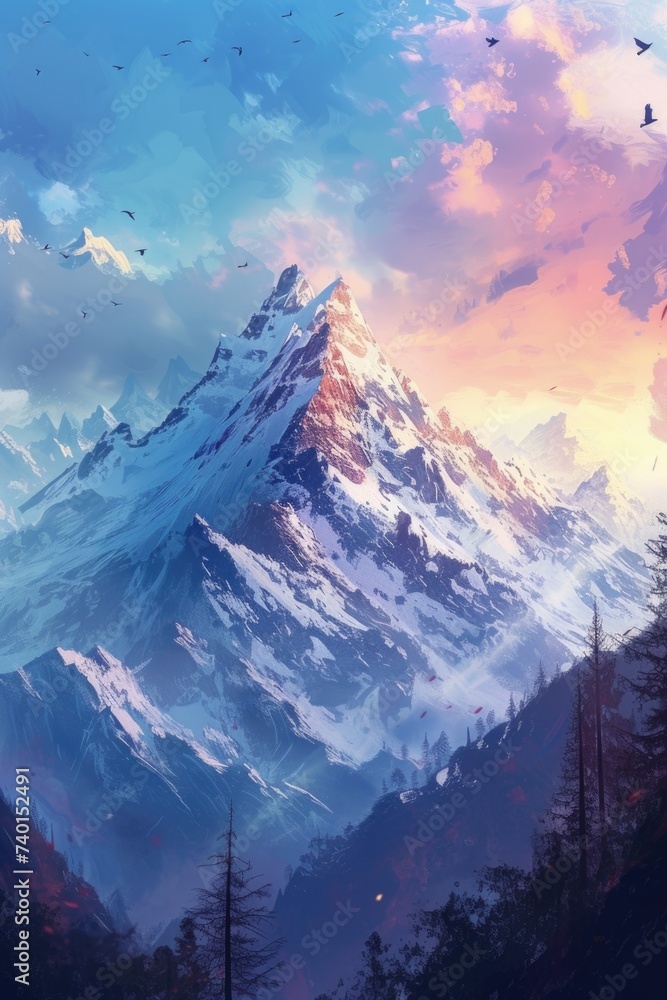 Winter mountains on sunset background