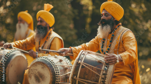Sikh drummers in yellow robes and turbans play traditional drums, festive atmosphere of Baisakhi, poster