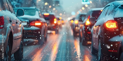 A congested winter roadway amidst a sea of stranded vehicles. Concept Traffic Jam, Winter Storm, Stranded Vehicles, Commuter Frustration, Weather Chaos