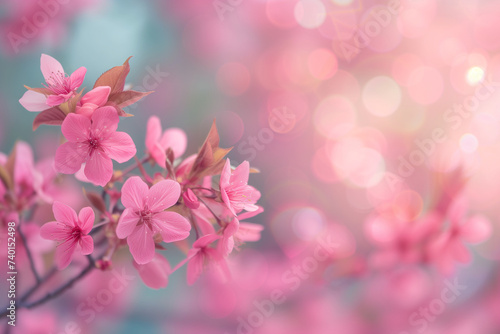 Branch of a blooming sakura ra against a blurred background of blue sky and pink Japanese cherry flowers photo