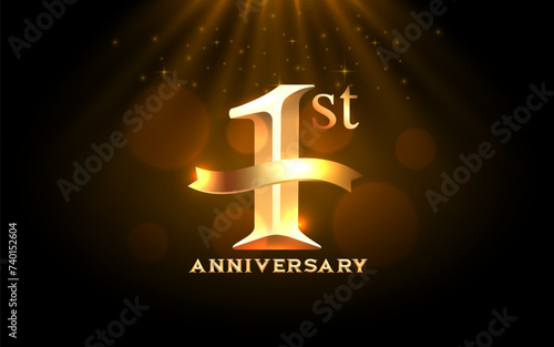 Anniversary 1st year, golden celebration, birthday event. Vector illustration