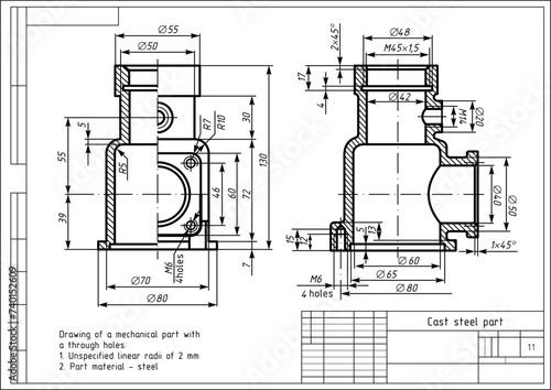 Vector drawing of a steel cast mechanical part with through holes
and dimension lines.
Engineering cad scheme. Technical template. 3d model. Cross section.