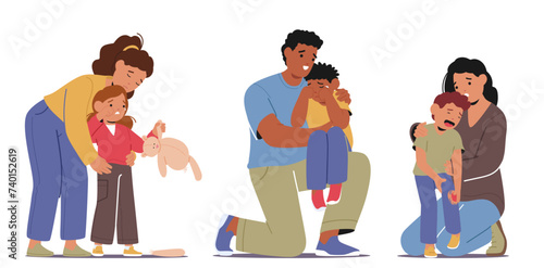 Parents Gently Wrap Their Arms Around Their Crying Children, Comforting And Calming Down Them, Vector Illustration