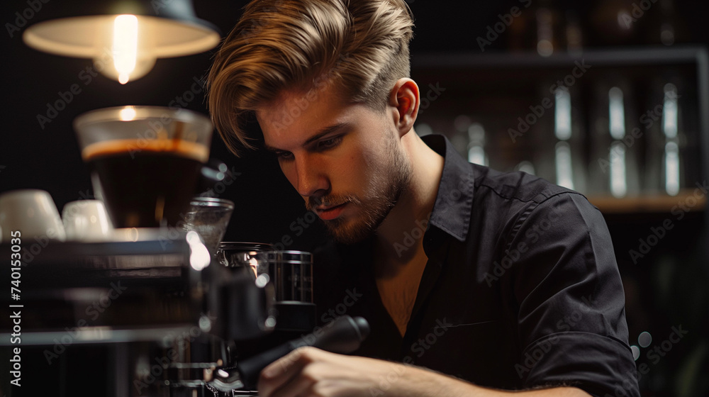 Local business. Young barista standing in his coffeeshop, preparing coffee