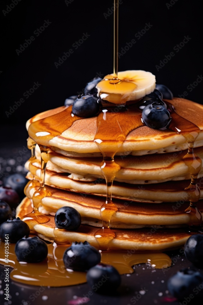 Delicious stack of pancakes topped with syrup and fresh blueberries. Perfect for food and breakfast concepts Delicious stack of pancakes topped with syrup and fresh blueberries. Perfect for food and breakfast concepts