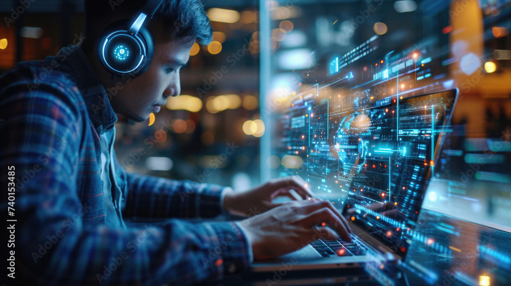 Cyber security concept. Young man in headphones using laptop at night . Cyber security concept. Young man in headphones using laptop at night .