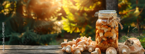 canning mushrooms on a wooden table in nature photo