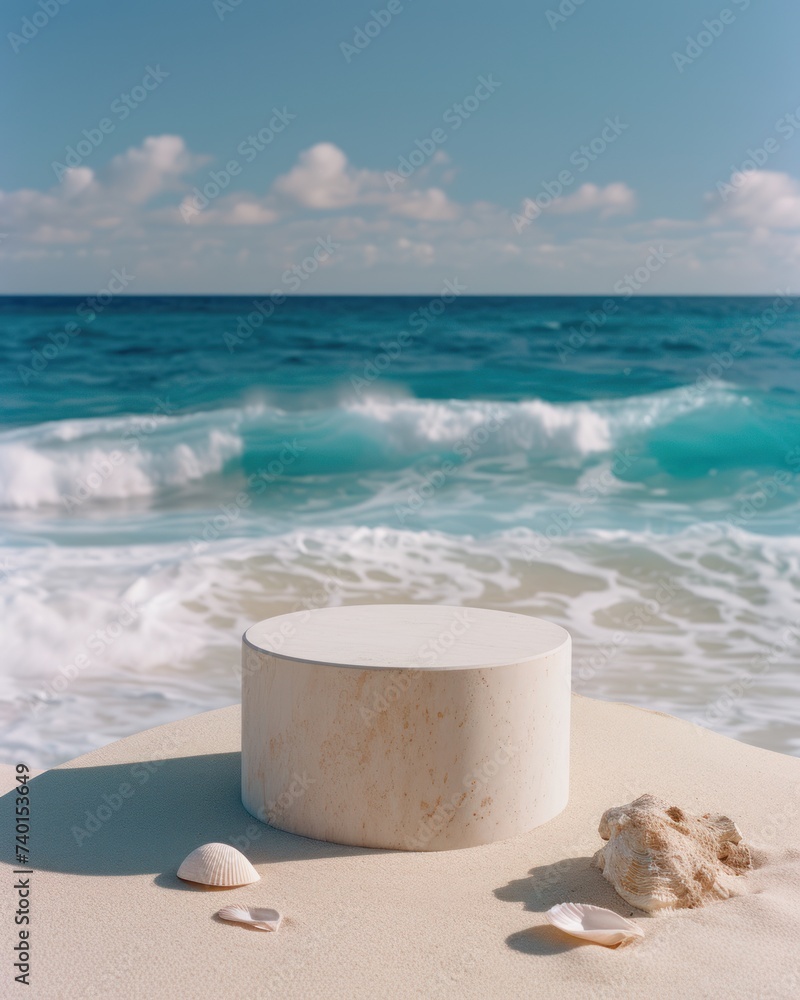 A solitary cylindrical pedestal stands on a sandy shore, accompanied by delicate seashells, as turquoise waves gently roll in the background. A solitary cylindrical pedestal stands on a sandy shore, accompanied by delicate seashells, as turquoise waves gently roll in the background.