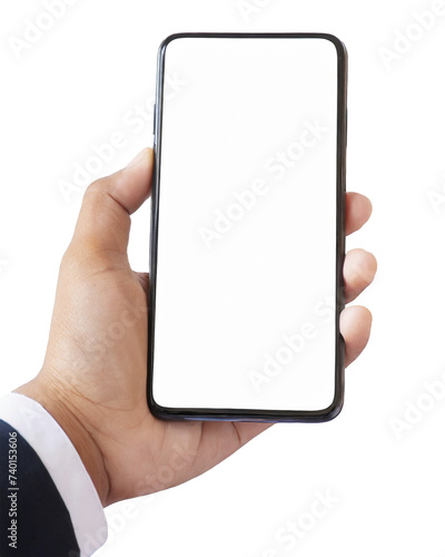 Man hand holding smart phone with blank screen isolated on transparent background.