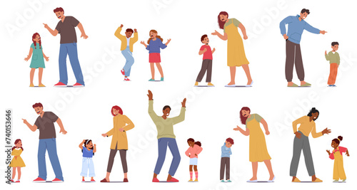 Furious Parents And Children Scream on Each Other. Family Characters Engage In A Heated, Loud Argument, Vector Set