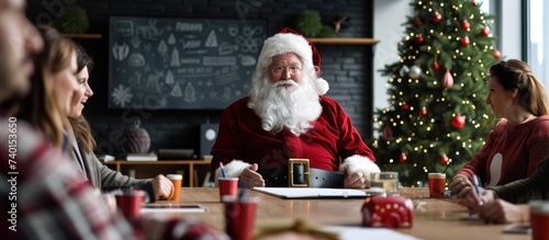 Santa Claus leads a workshop for a diverse group of company workers during the winter holidays.