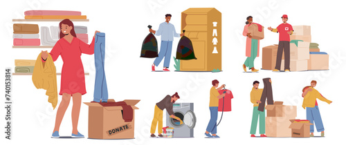 Set of Characters Prepare and Bringing Clothes for Recycling and Donation. Compassionate Volunteers Donating Garments