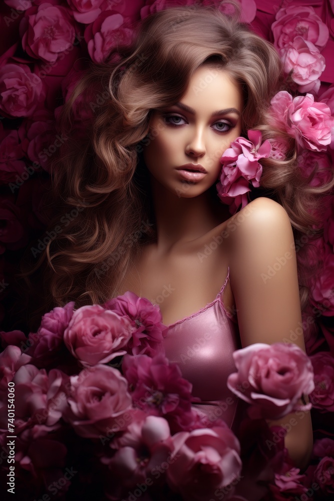 A woman is gracefully standing in a vibrant pink dress, surrounded by a multitude of pink flowers. The contrast between the woman and the blooms creates a stunning, visually captivating scene A woman is gracefully standing in a vibrant pink dress, surrounded by a multitude of pink flowers. The contrast between the woman and the blooms creates a stunning, visually captivating scene