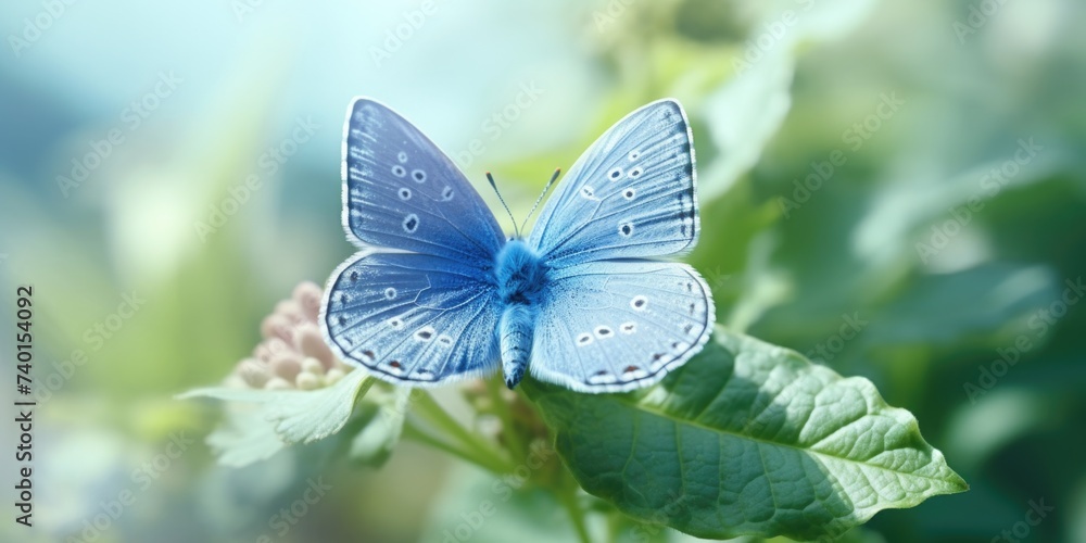 Beautiful blue butterfly perched on a vibrant green leaf, perfect for nature and wildlife themes Beautiful blue butterfly perched on a vibrant green leaf, perfect for nature and wildlife themes