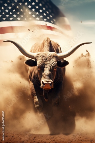 A large bull against the background of the American flag as a symbol of the state of Texas. Revolution or bullfight concept photo