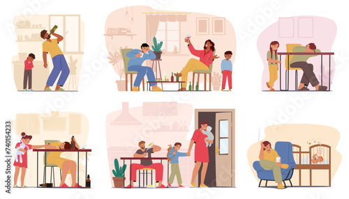 Alcoholism In Family Scenes With Drunk Parents And Unhappy Kids. Inebriated Mother Or Father Characters