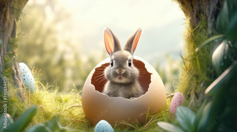 A cute rabbit sitting inside of an egg in the grass. Perfect for Easter-themed designs