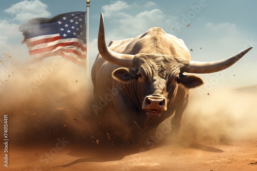 A large bull against the background of the American flag as a symbol of the state of Texas. Revolution or bullfight concept photo
