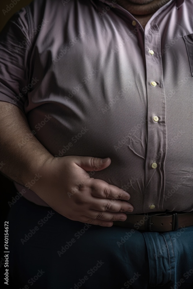 A man in a pink shirt is holding his stomach. Suitable for medical or healthcare concepts