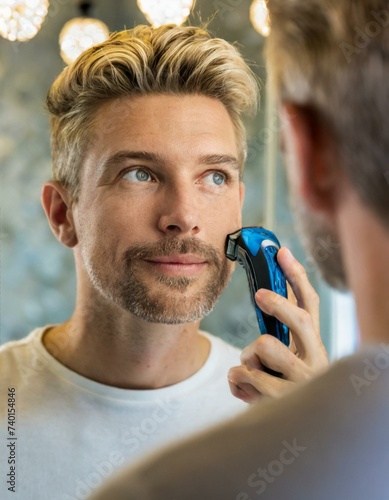 Handsome man trimming his beard and mustache with an electric razor while looking in the mirror

