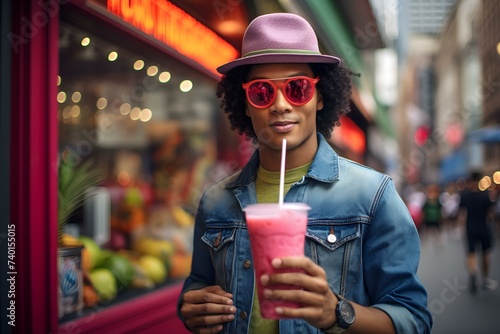 A Fashionable City Dweller Delights in a Nourishing Smoothie Amid the Urban Hustle. Concept Fashion, City Life, Healthy Eating, Urban Wellness, Lifestyle