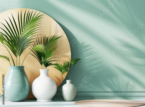 A stylish arrangement of modern ceramic vases in varying sizes, each holding a tropical plant, set against a soft pastel green background.