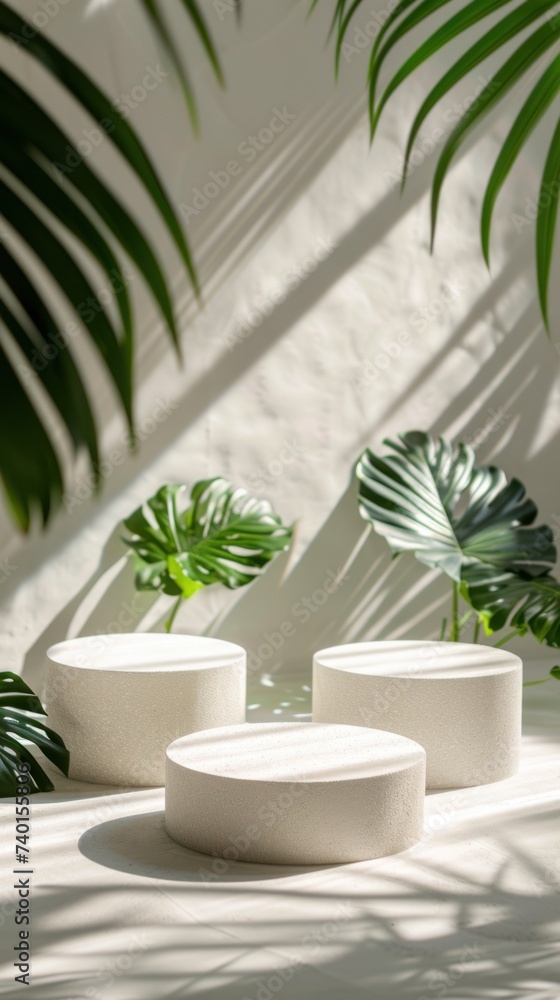 An array of white display pedestals in a sunlit room with dramatic Monstera leaf shadows casting over them, creating a vibrant botanical display.