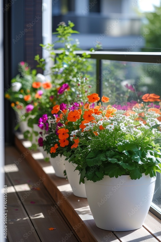 Fototapeta premium Vibrant Flowers in White Pots on Apartment Balcony