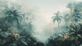 a painting of a tropical scene with palm trees