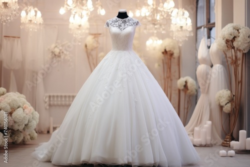 Beautiful wedding dress on mannequin in beauty salon