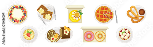 Sugary Dessert and Sweet Baked Pastry Above View Vector Set