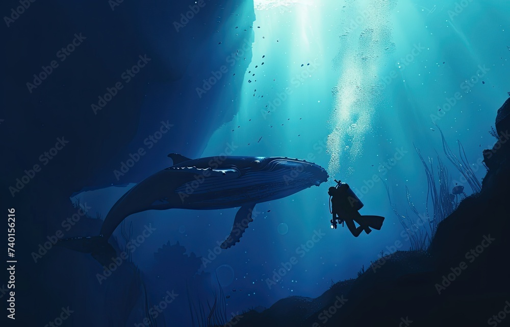 Fototapeta premium Majestic marine behemoth: powerful whale navigating the vast ocean expanse. Generated by AI