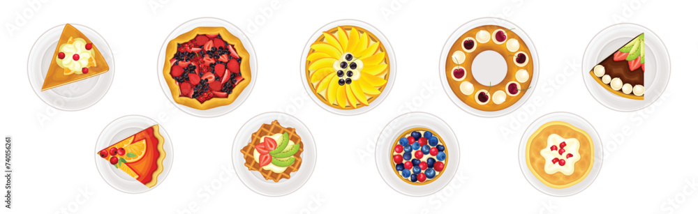 Sugary Dessert and Sweet Baked Pastry Above View Vector Set