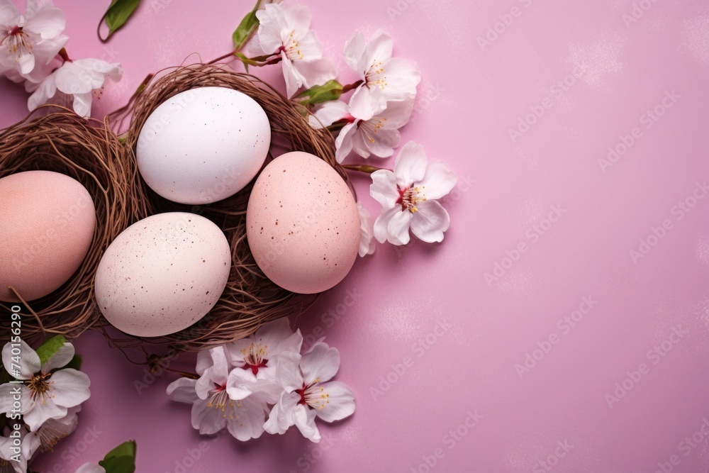 Three eggs in a nest with delicate flowers, perfect for Easter designs