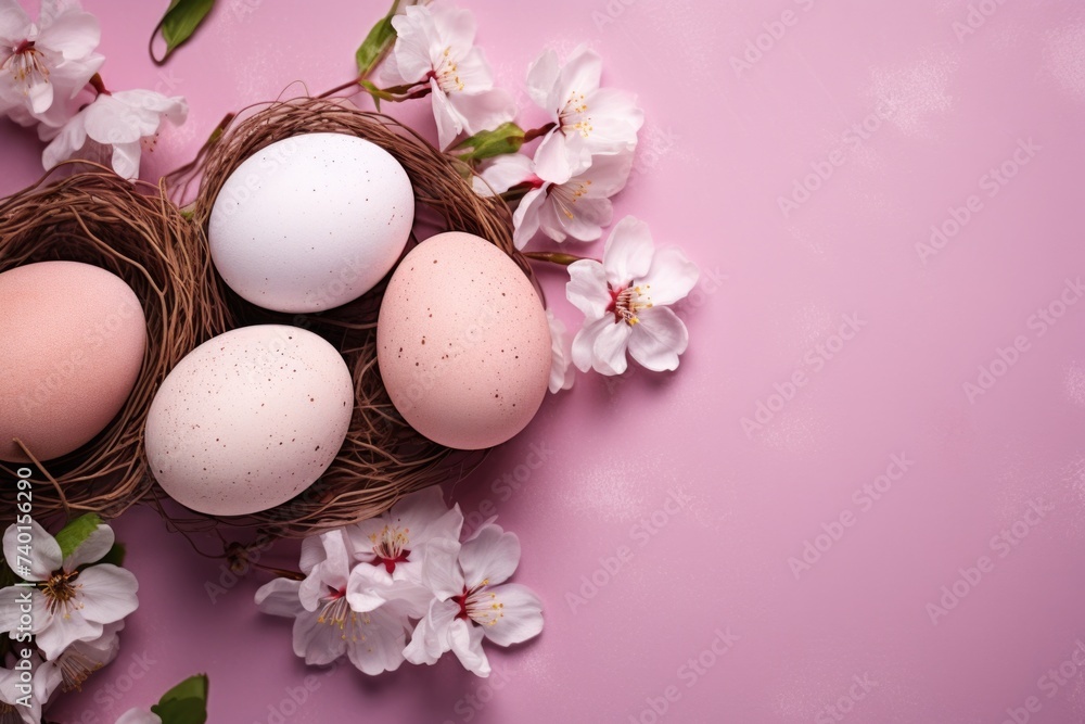 Three eggs in a nest with delicate flowers, perfect for Easter designs Three eggs in a nest with delicate flowers, perfect for Easter designs